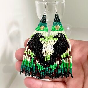Handcrafted Beaded Raven Earrings - Green and Black